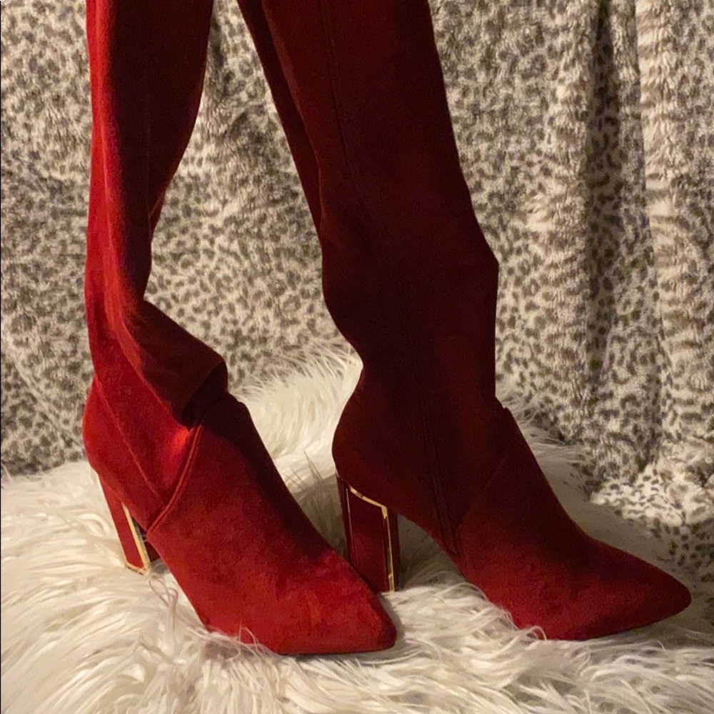 Red thigh high suede heels
